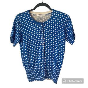 Grace Blue and White Polka Dot Short Sleeved Women’s Sweater Size Small